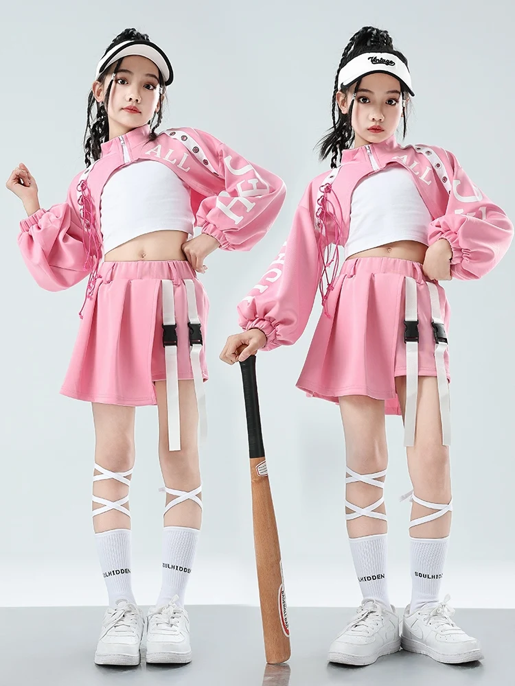 2024 Pink Jazz Dance Costume Girls Kpop Group Hip Hop Performance Clothes Crop Tops Skirt Shorts Kids Concert Stage Wear BL12566