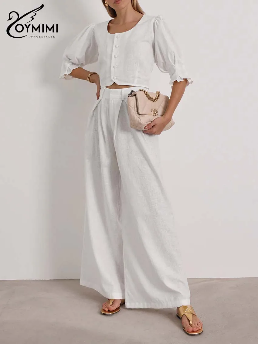 

Oymimi Fashion White Women's Two Pieces Set Elegant O-Neck Half Sleeve Single Breasted Crop Shirts And Simple Pants Female Sets