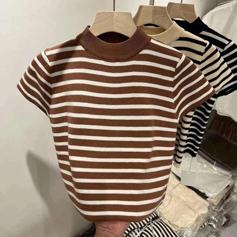 2026 패션 슬림핏 탑 터틀넥 풀오버 스트라이프 스웨터 셔츠 여성용 초봄 및 가을 반팔 이너 셔츠