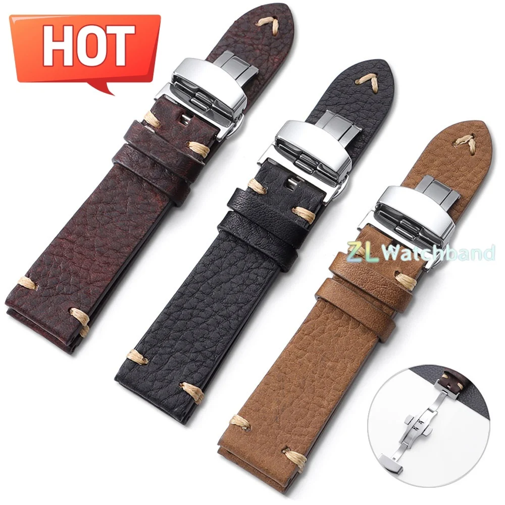 Bracelet de montre universel en cuir, 18mm, 20mm, 22mm, boucle papillon Vintage, sangles cousues à la main pour Seiko, Omega
