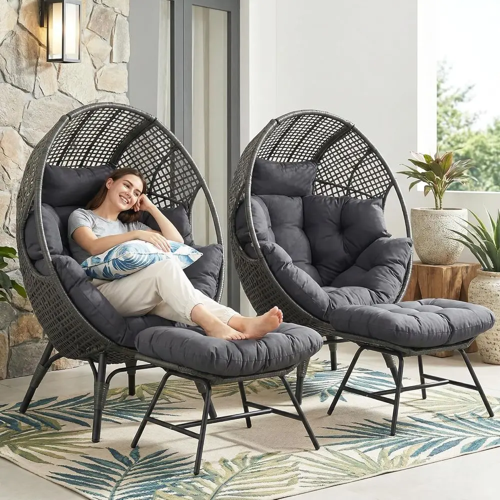 

Pair of Gray Outdoor Egg Chairs with Ottoman, Wicker Lounger Set, Oversized Rattan Chairs for Patio or Garden