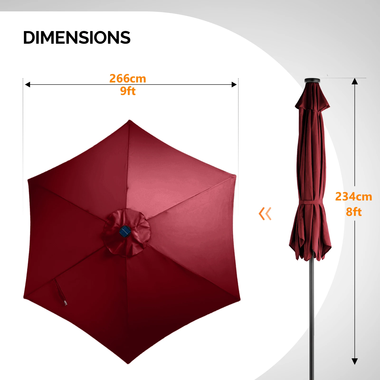 9ft Solar LED Patio Umbrella with Push Button Tilt & Crank, 6 Ribs Waterproof Polyester Outdoor Market Table Umbrella for Garden Backyard Pool, Burgundy