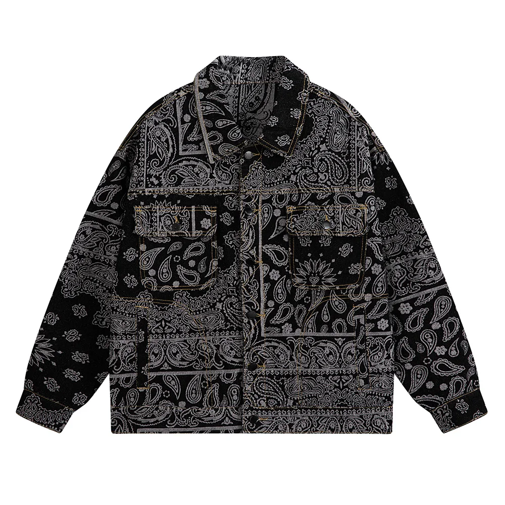 

Men Paisley Bandana Print Denim Jacket Streetwear Pattern Jacquard Weave Coat Fashion Loose Long Sleeve Outerwear Black Blue