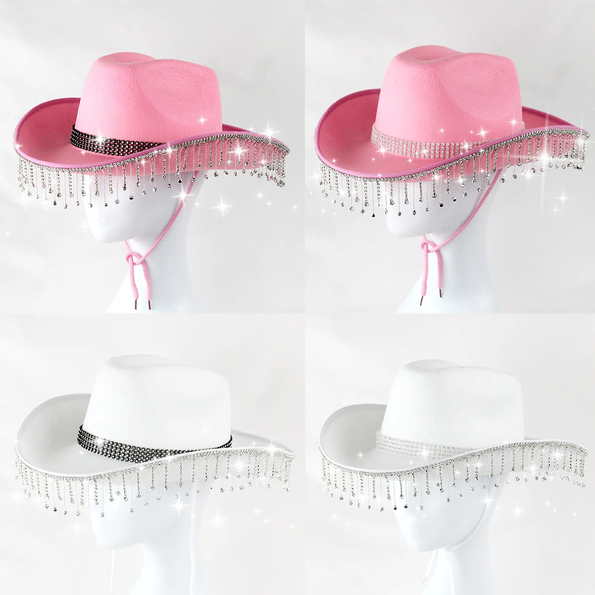 

Fluorescent Colorful Tassel Women's Cowboy Hat Rhinestone Fringe Black Western Cowgirl Hats Bride Crystal Solid Party Dress Hats