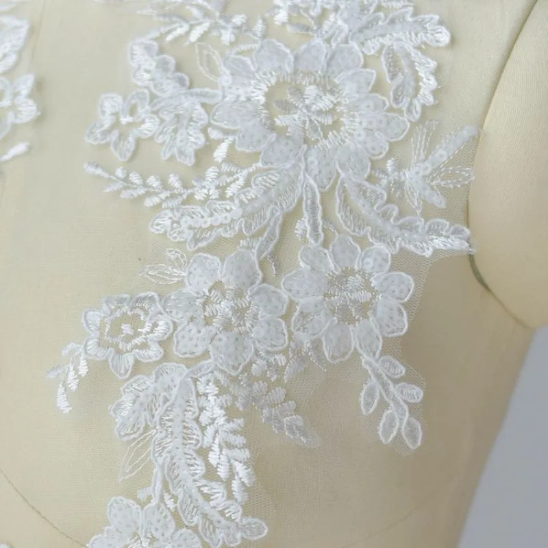 6 Pieces/lot White Embroidery Lace Trim with Sequins for Wedding Dress Sewing Applique Patch DIY Craft Fabric Trim