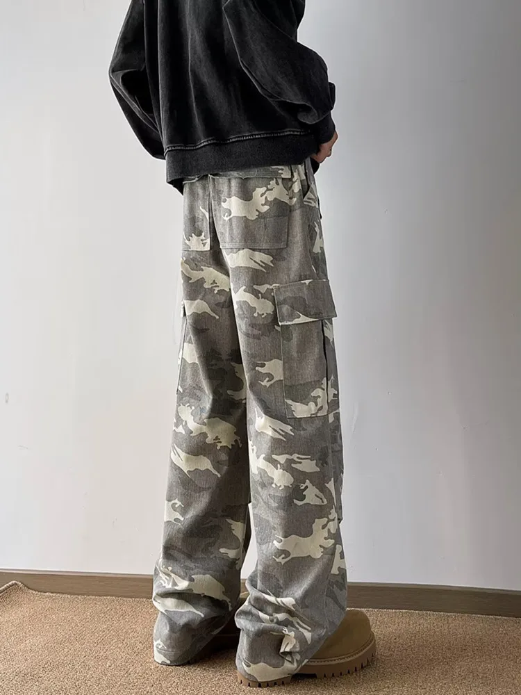 2024 Ropa Y2K Fashion Washed Camouflage Baggy New Jeans Cargo Pants For Men Clothes Multi Pockets Straight Casual Long Trousers