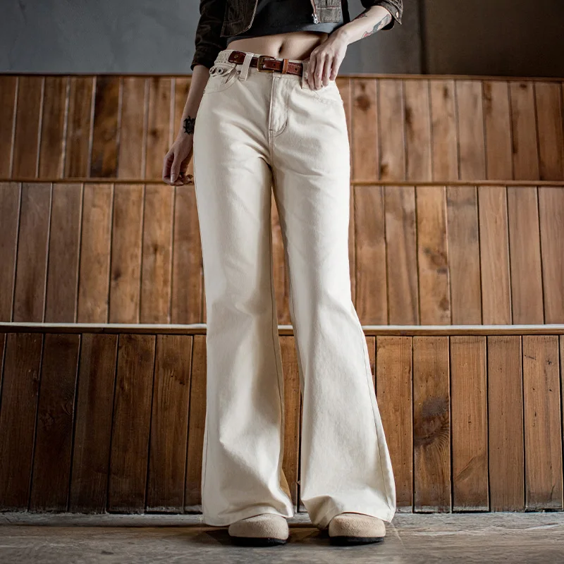 Maden Vintage Women’s Casual 100% Cotton Pants Mid Rise Versatile Beige Pants Slim Fit Flare Trousers for Autumn and Winter
