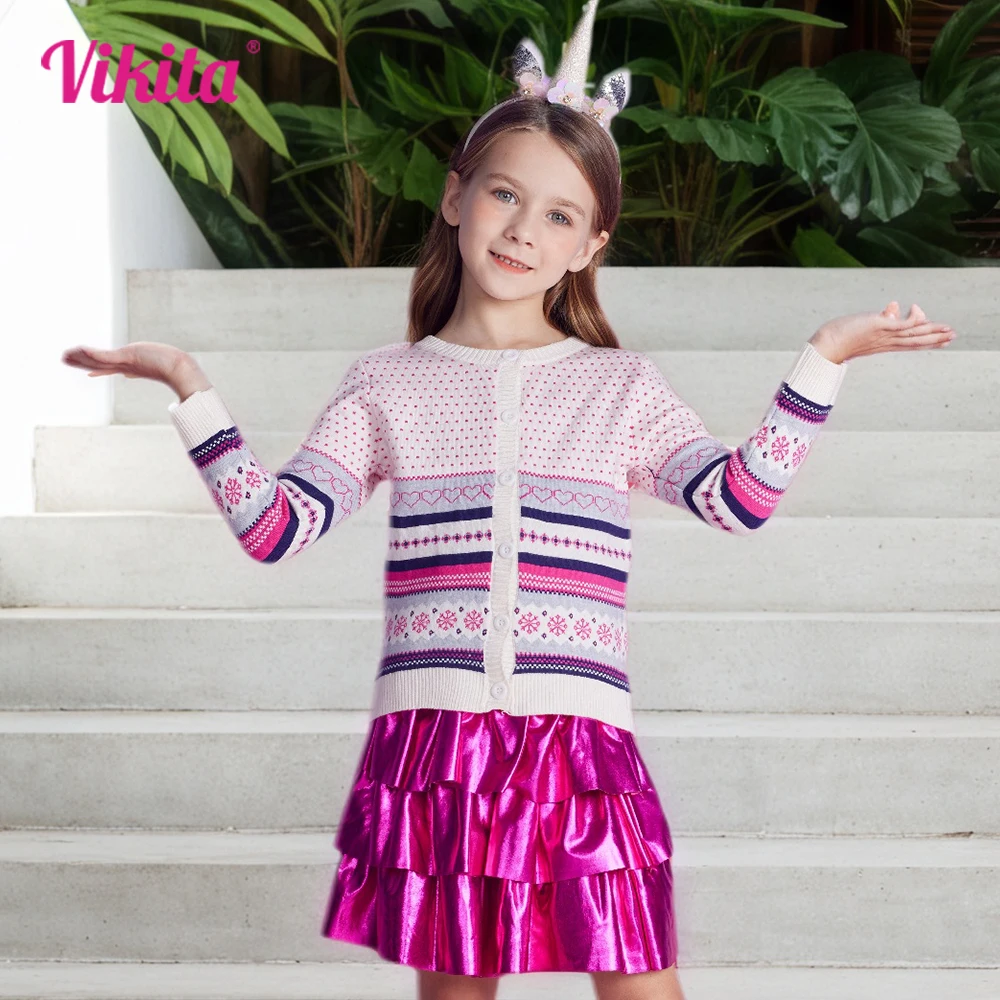 

VIKITA Kids Cardigans Sweater Girls Snowflakes Heart Shape Striped Autumn Spring Cute Sweater Coat Outer Wear Children Clothes