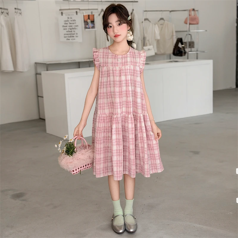 Girls Dress Summer Sweet Cute Pink Plaid Sleeveless Dress A Line Children Clothes 2026 Garden Versatile Loose Comfortable 5