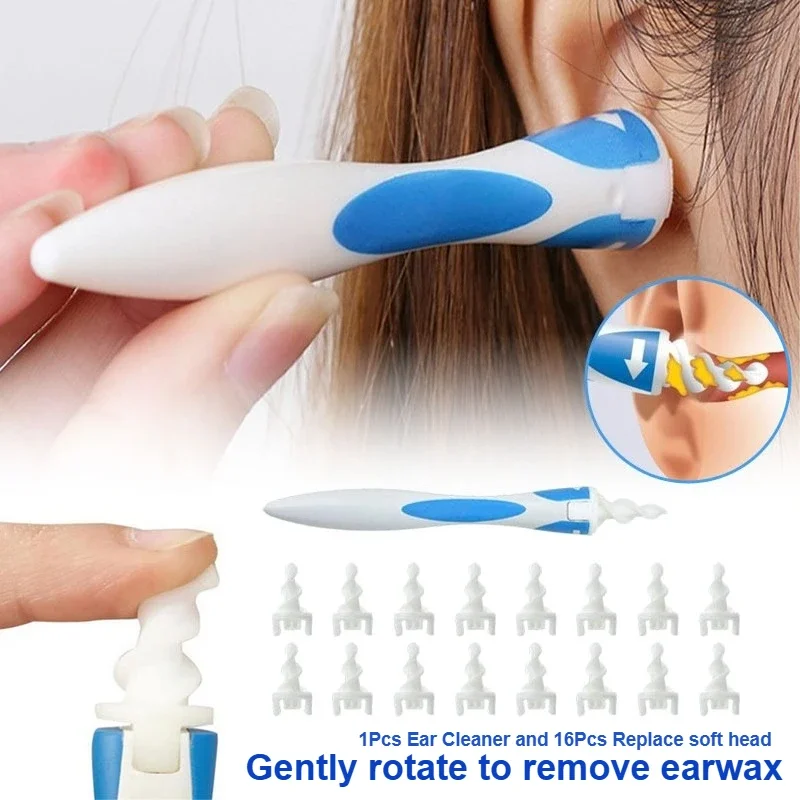 360°spiral Ear Cleaner, with 16 Replacement Heads, Made of Soft Silicone Material,used for Adult and Child Earwax Cleaning Tools