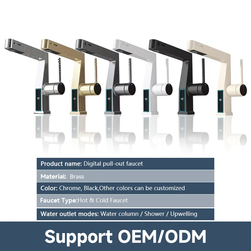 Modern Digital Display Pull-Out Faucet for Bathroom New Hot Cold Double Open Multi-Function Design Brass Basin Taps Ceramic