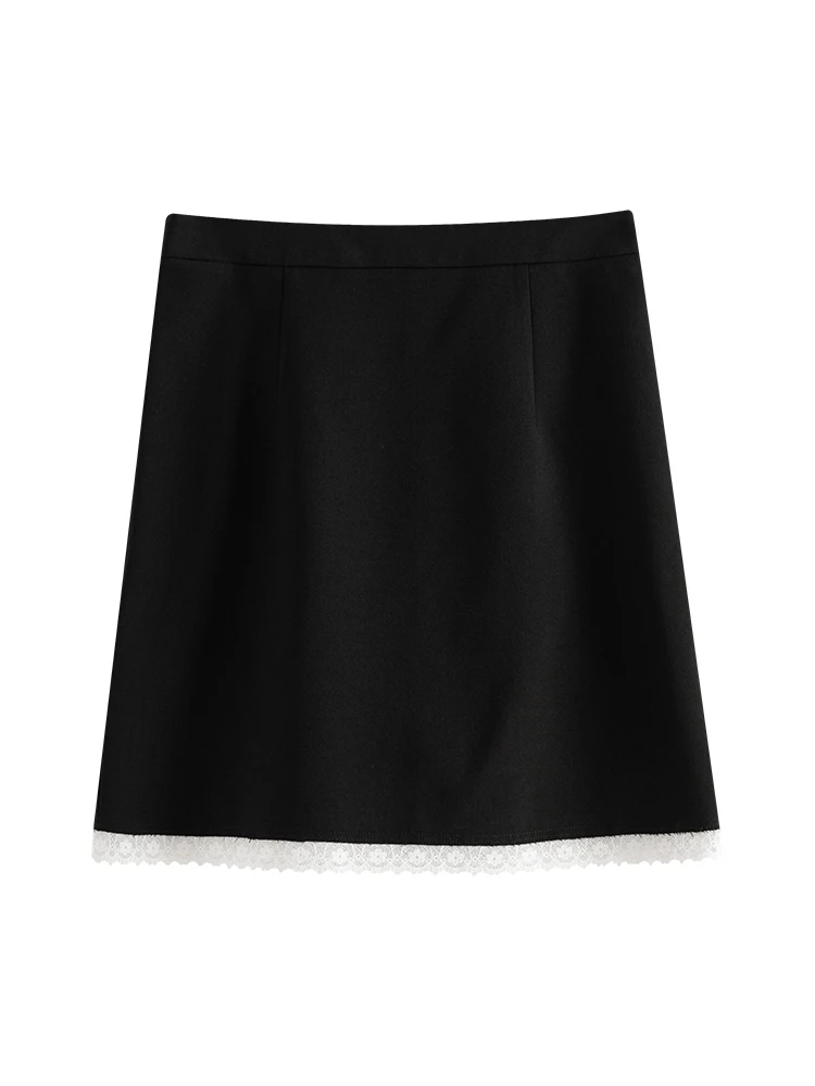 FSLE Women Mini Skirt 2024 Summer Lace Patchwork Black Polyester A-LINE sKIRTS High Waist Zipper Waist Female Skirt 24FS12960