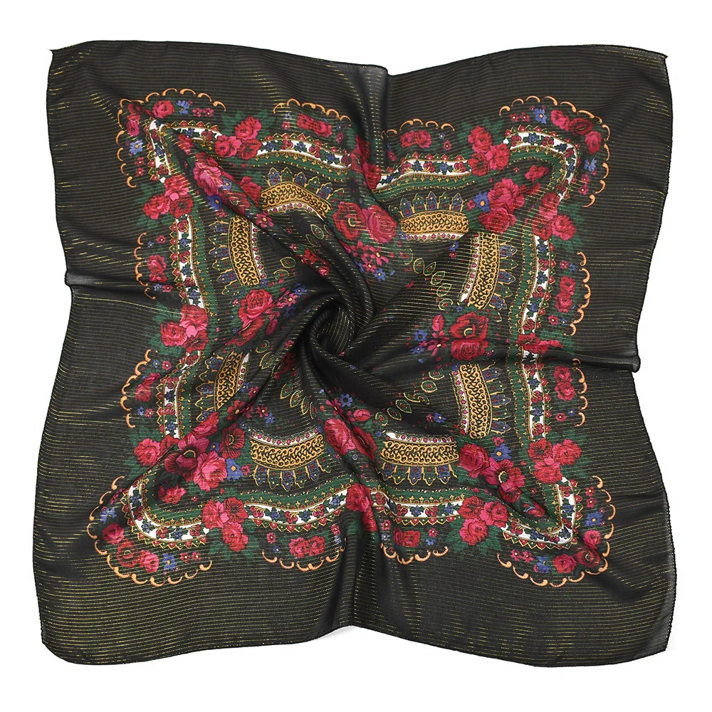 85*85cm Russian Square Scarf Women Floral Print Bandana Babushka Ukrainian Shawl Handkerchief Golden Yarn Headband Scarves