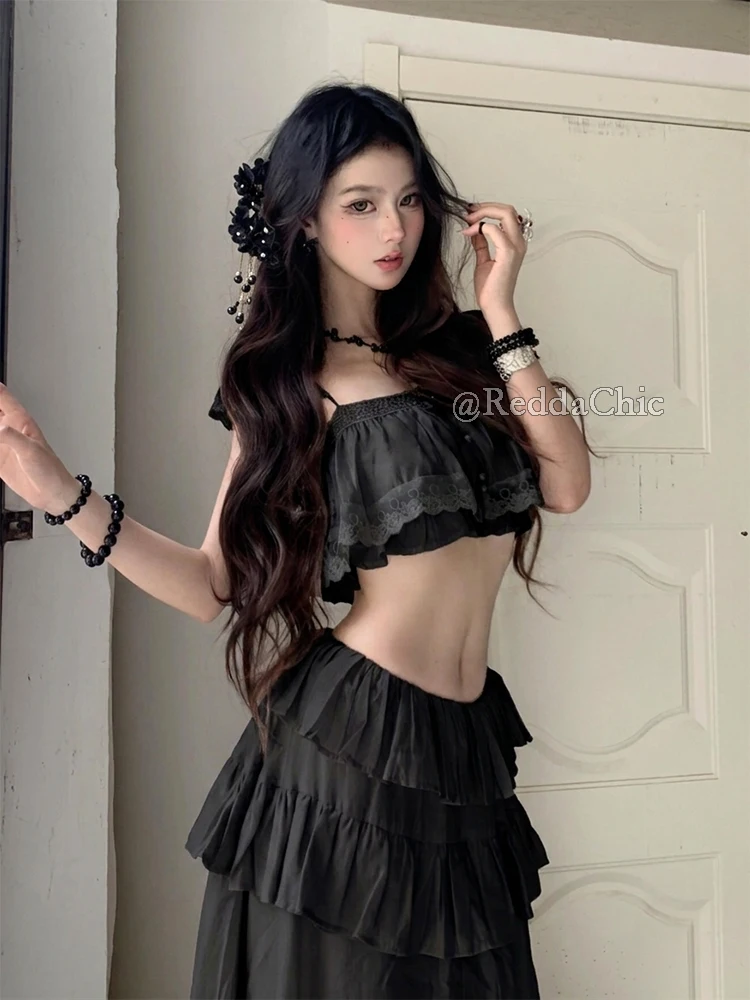 REDDACHiC Women Ruffled Top Skirt Matching Set Beach Romantic Swing Elastic Waist Maxi Skirt Fly Sleeve Crop Top Holiday Clothes view 3