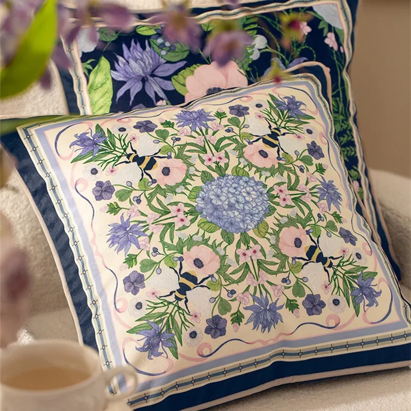 Decorative Square Pillowcases, Designer Throw Pillow Covers, Green Farmhouse Dreamy Velvet, Blue Floral Pattern, 18x18 Inch
