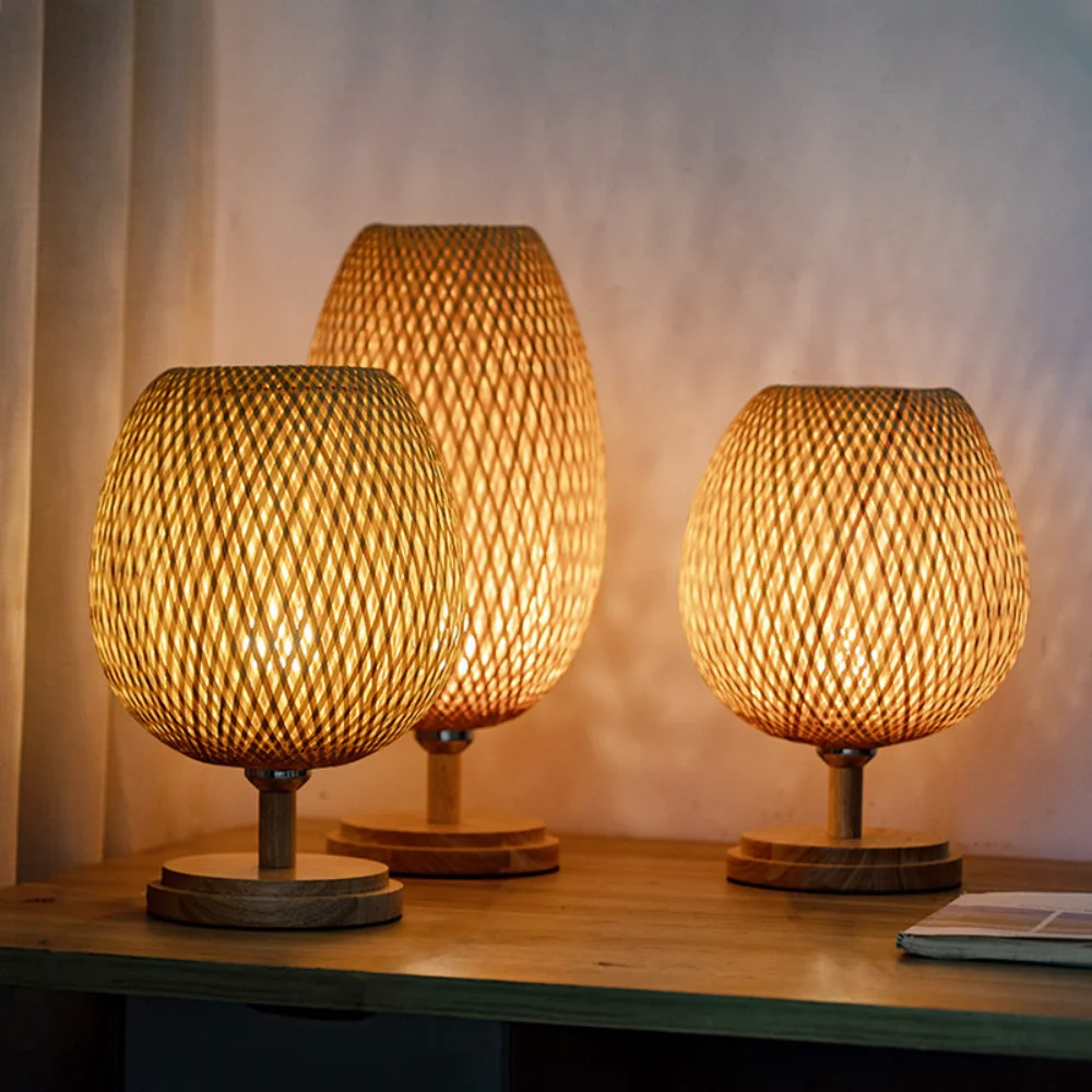 

Modern Table Lamp Hand Knitted Weaving Bamboo Bedroom Bedside Lamp Wood Rattan Lampshade Room Home Decor Art Desk Light