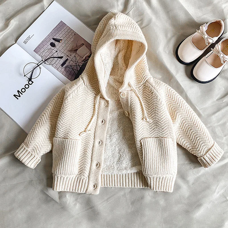 Autumn Winter Baby Girls Boys Hooded Cardigan Kids Plush Thicken Warm Knitted Cardigan Children Clothing Casual Sweater Coat