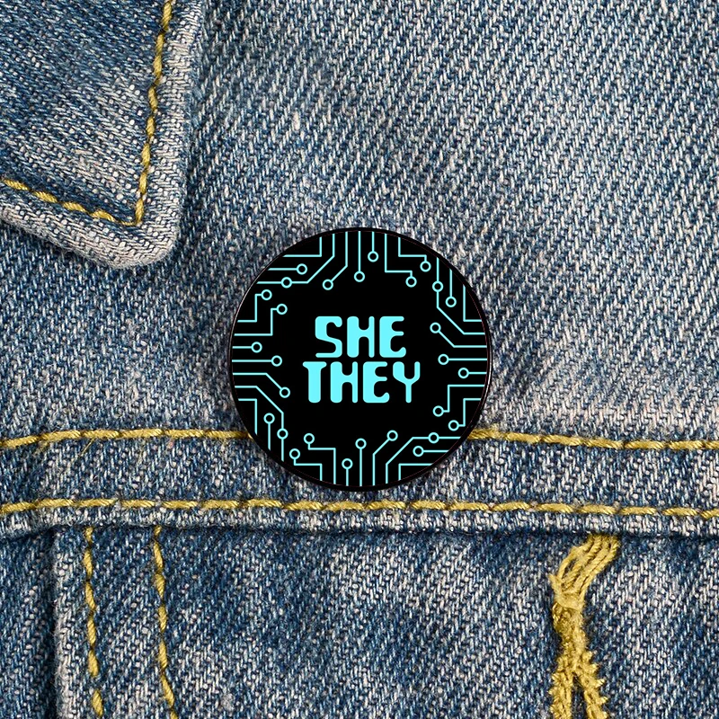 Blue Circuit Board She They Pronouns Pin Custom Funny vintage Brooches Shirt Lapel teacher Bag Badge pins for Lover Girl Friends