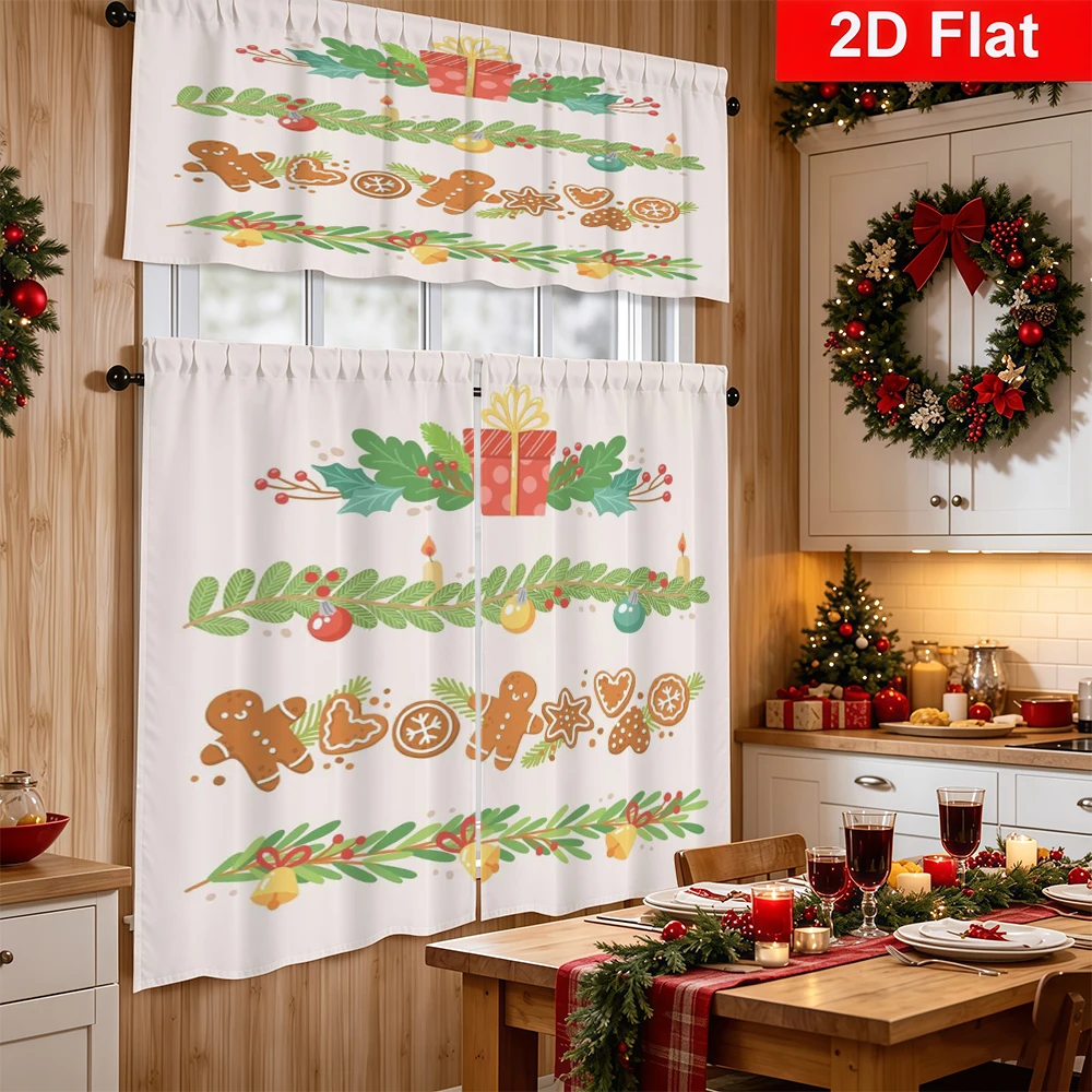Christmas Kitchen Curtains, Gift Pinecone Cookie Bell, Digital Print, Kitchen Dining Room, Rod Pocket Polyester, Home Decor