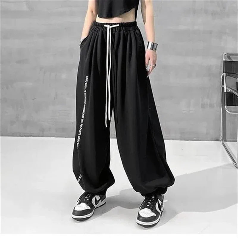 MEXZT Y2K Black Joggers Sweatpants Women Hip Hop Letter Print Wide Leg Pants Streetwear Oversized 2Xl Drawstring Trousers Bf