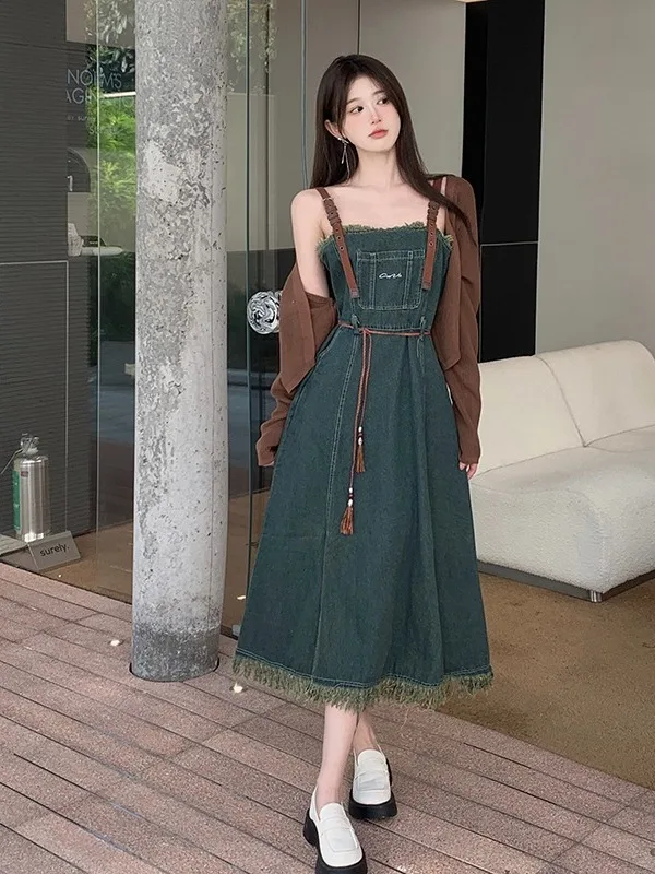 

plus Size Women's Retro Tassel Trim Denim Dr Slim Fit High Waist Long A-Line Skirt Sle Autumn New Faion Waist Cinching