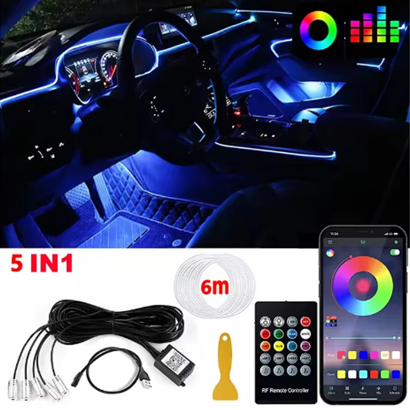 

6 in 1 Car Interior Neon RGB Led Ambient Light Fiber Optic Kit With APP Sound Control Multiple Modes Auto Atmosphere Decorative