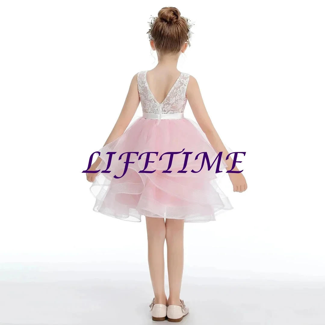 

Customized Pink Flower Girl Dress For Wedding Lace Tulle Layered Knee Length Puffy Kids Birthday Party First Communion Ball Gown