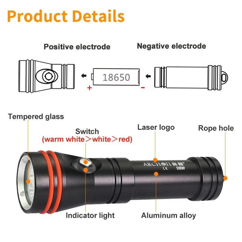 D15VP Scuba diving video lights Red lighting diving flashlight Underwater 100m Dive photography torch HD video diving fill lamp