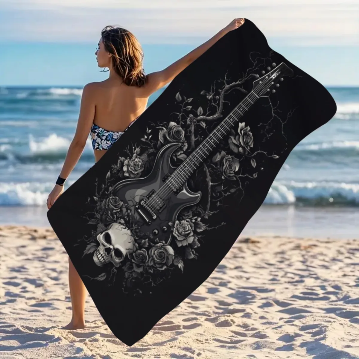 Music Theme Beach Bath Towel Ultra-Fine Fiber Quick-Dry Large Black Electric Guitar Skull with Roses Headphones Design