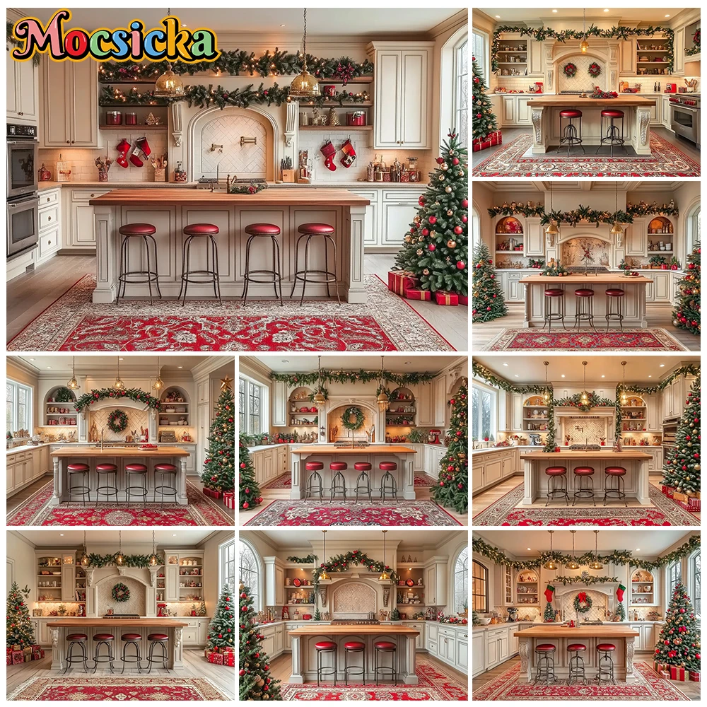 Kitchen Baking Island - Mocsicka Christmas Kitchen Backdrop White Farmhouse