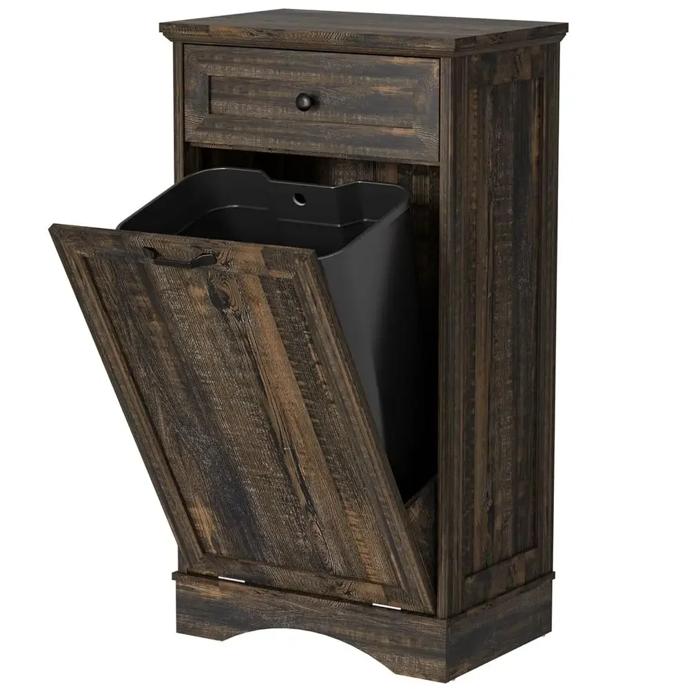 

13 Gallon Wooden Trash Cabinet with Hidden Storage, Rustic Black Kitchen Island Bin
