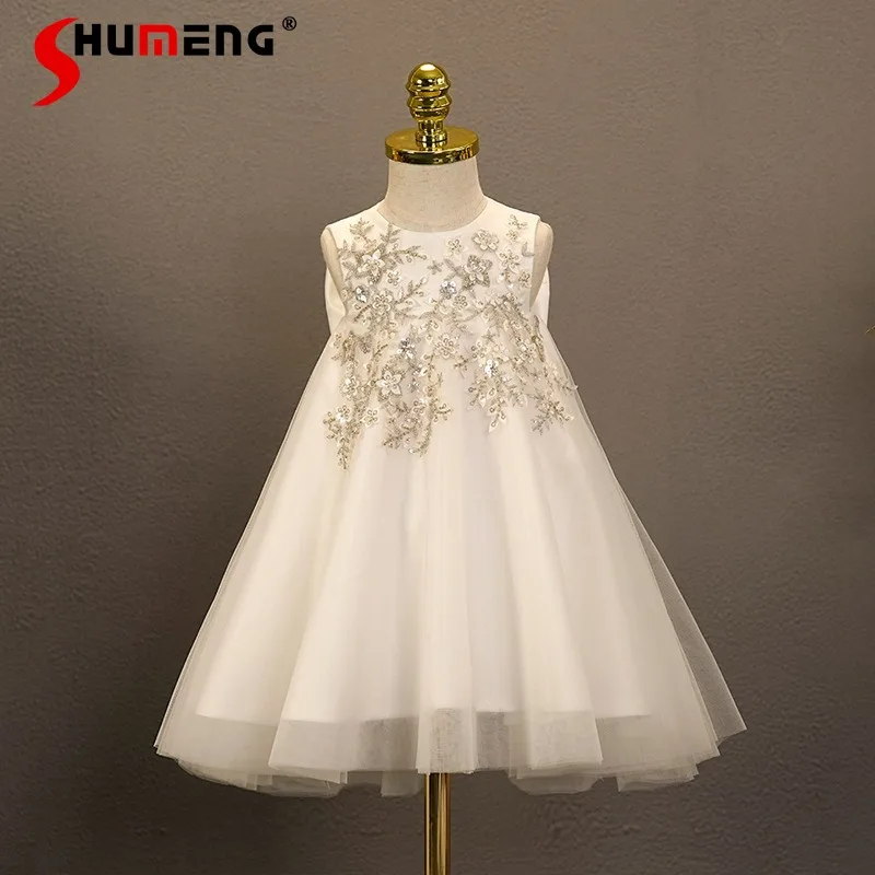 

Детское модное платье принцессы на день рождения, платье для выступления на фортепиано, пышное платье с цветами и бантом для девочек, свадебное платье в стиле High Street