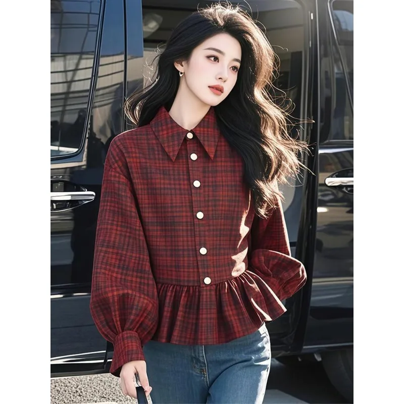 

Клетчатая рубашка-поло с рюшами и длинными рукавами, женская весенне-осенняя модная рубашка контрастного цвета