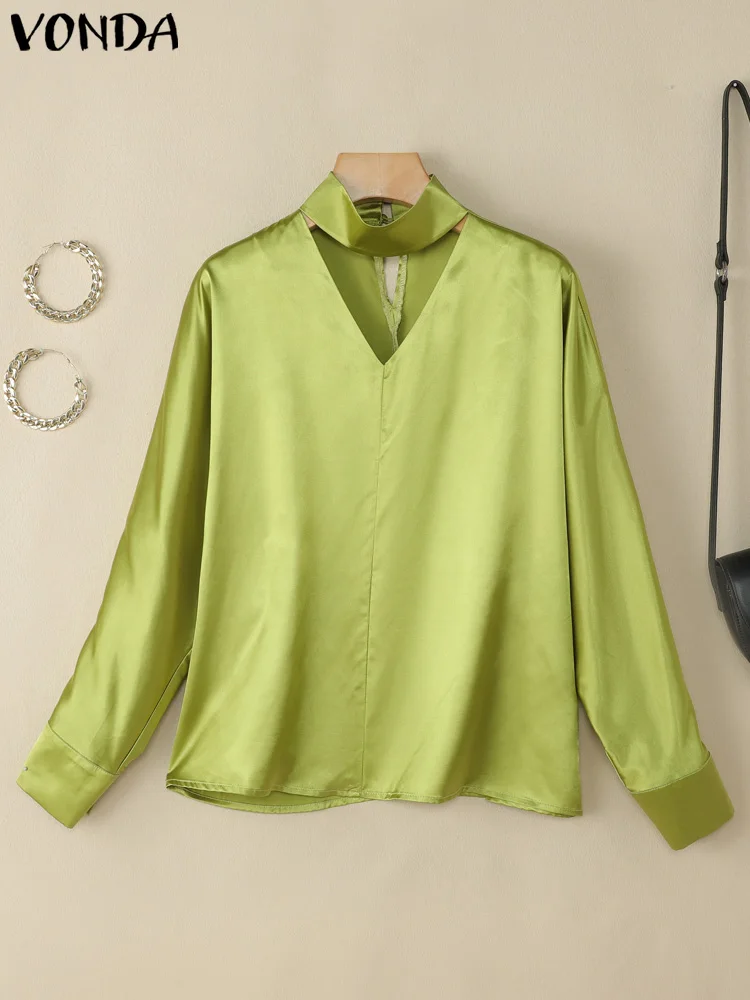 

VONDA Women Blouse Fashion Satin Silk Tops 2025 Summer Solid Color Elegant Work OL Tunic Casual 3/4 Sleeve V Neck Blusas S-3XL
