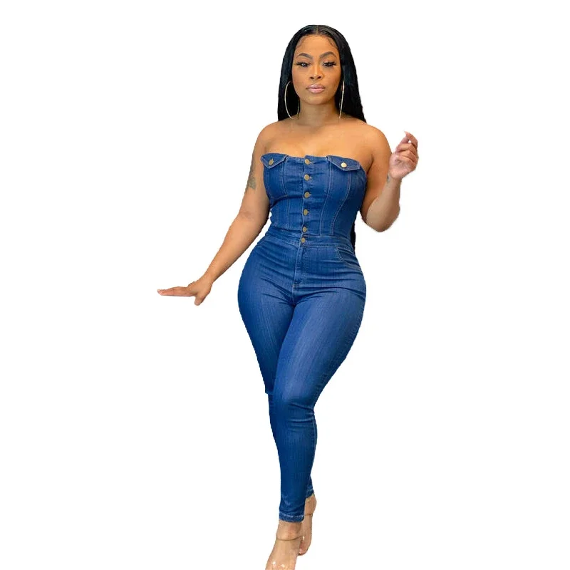 

Summer Sexy Strapless Cotton Bodycon Jean Romper for Women Long Denim Jumpsuit One Piece 2023 Combinaison Femme en Jean Overalls