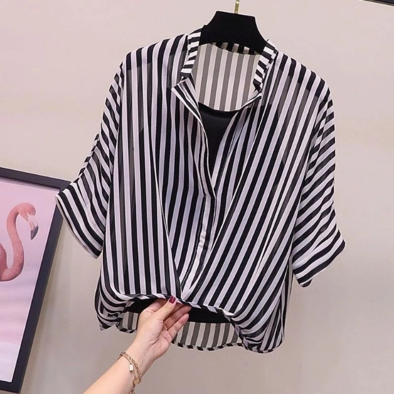 

Polo Neck Striped Thin Short Sleeve Vintage Blouse Summer Loose All-match Street Casual Shirt Tops Fashion Office Women Clothing
