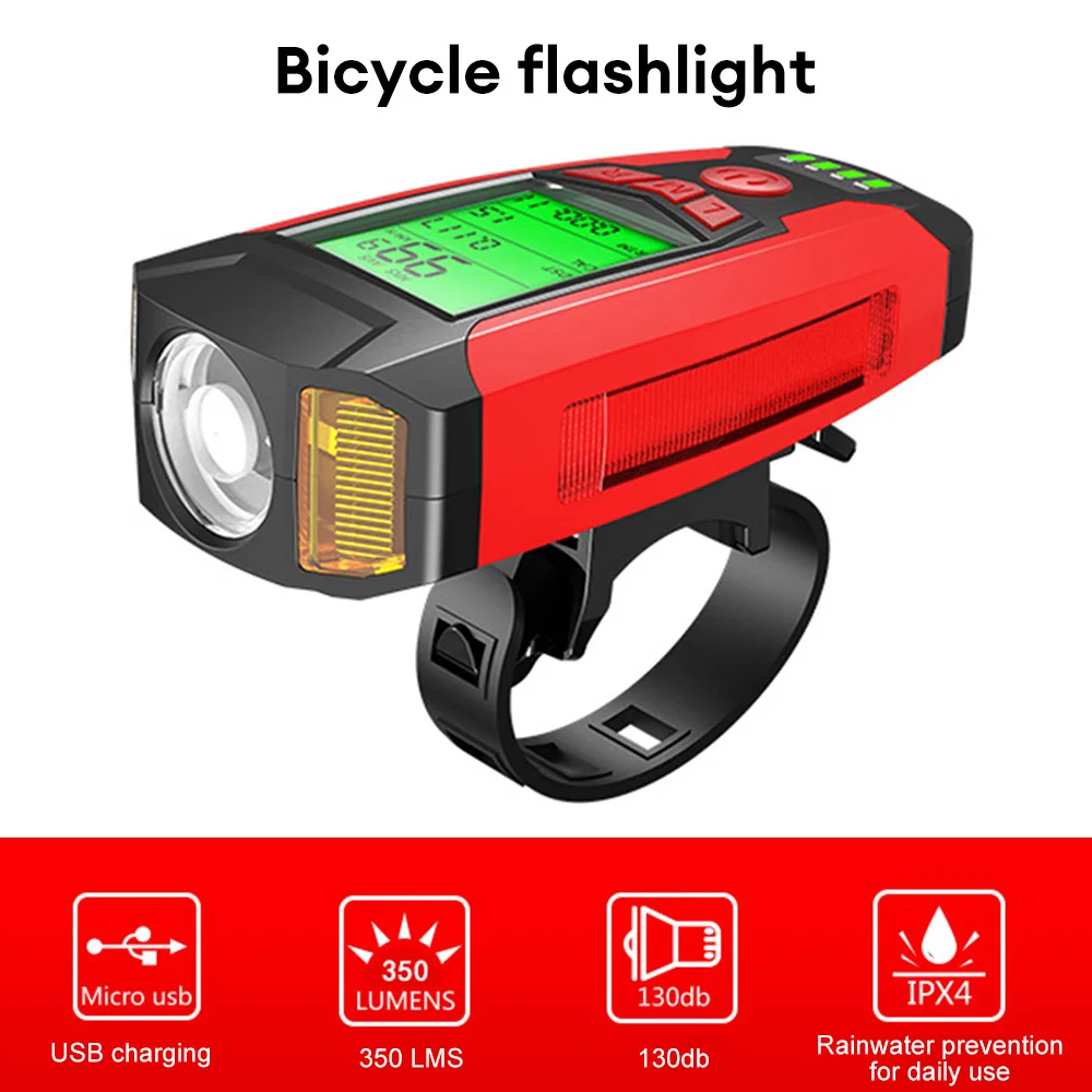 3 in 1 USB Bicycle Flashlight 5 LED Bicycle Computer/Horn Bike Front Light IPX4 Waterproof Headlight Odometer Bike Accessories