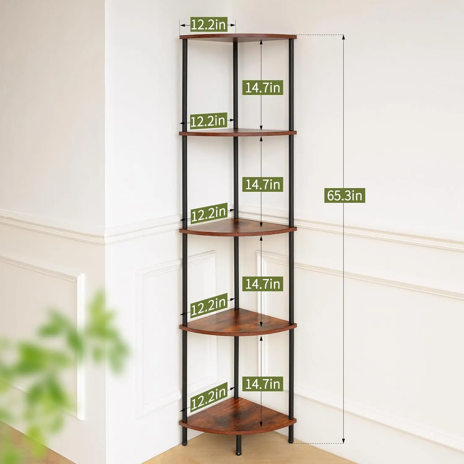 Corner Shelf Stand, 5-Tier Corner Bookshelf, Tall Corner Shelves for Bedroom, Living Room