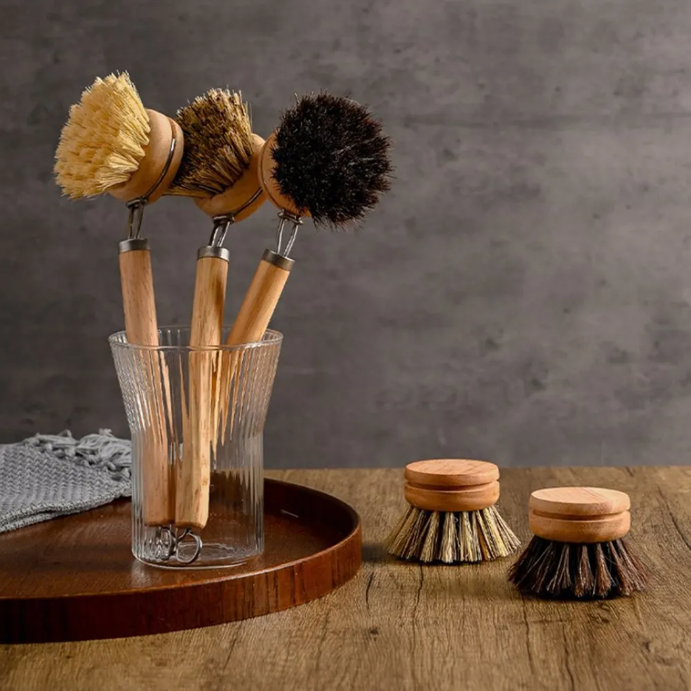 Wooden Dish Scrub Brushes Natural Bristles Kitchen Cleaning Scrubbers Long Handle Brush Kitchen Washing Dish Pot Brush