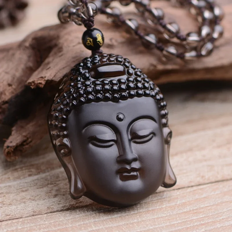 Pendentif tête de bouddha en obsidienne pour hommes et femmes, collier gravé Sakyamuni, glace naturelle