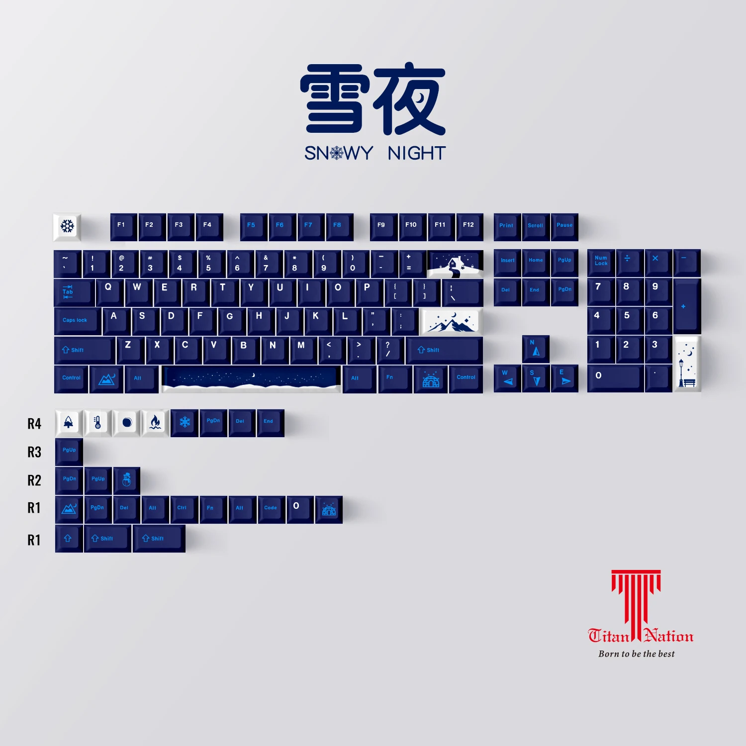 Titan Nation Snowy Night Keycaps Blue Keycap 129keys Pbt Five-Sided Sublimation Original Height for Mechanical Keyboard GH60