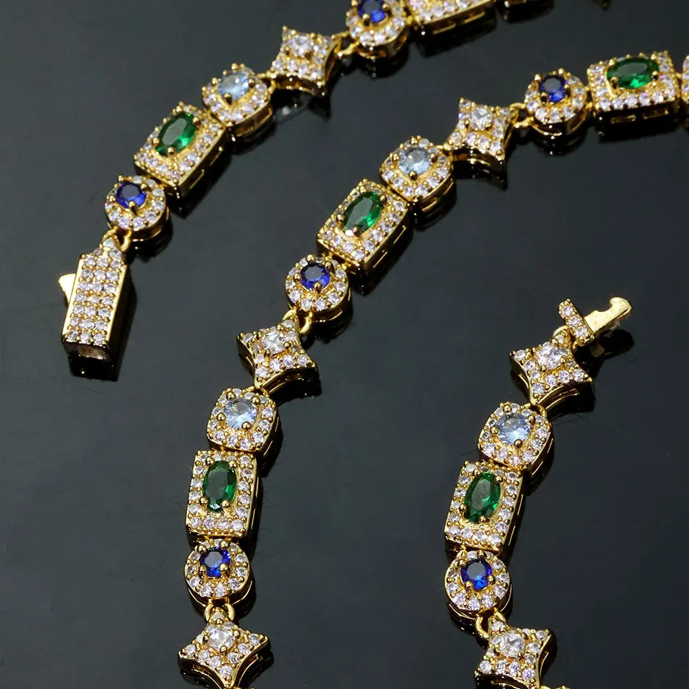 Nuoya 6MM Iced Diamond Star Chain Men Women Chain Bracelet Green/Blue Colorful Geometric Zircon Brass Hip Hop Boutique Jewelry ﻿