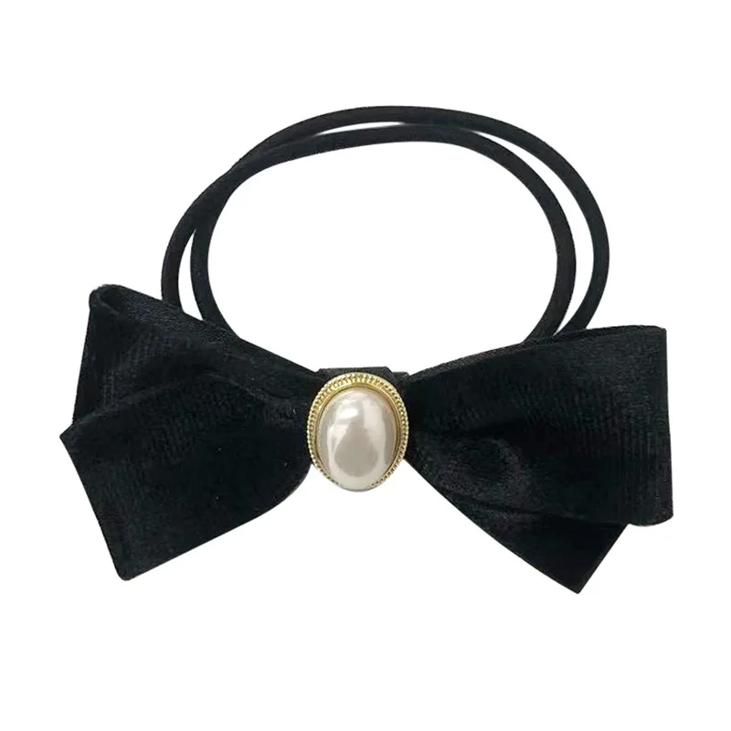 Pearl super elastic velvet simple temperament black head rope bow hair tie rubber band to tie the hair