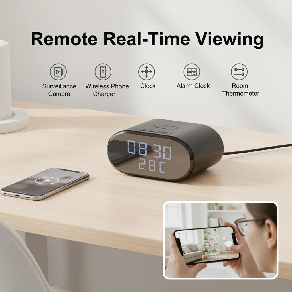 

5-in-1 Multifunctional WiFi Camera with Wireless Charger 4K UHD Mini Alarm Clock Cam with 32GB SD Card Temperature Monitoring