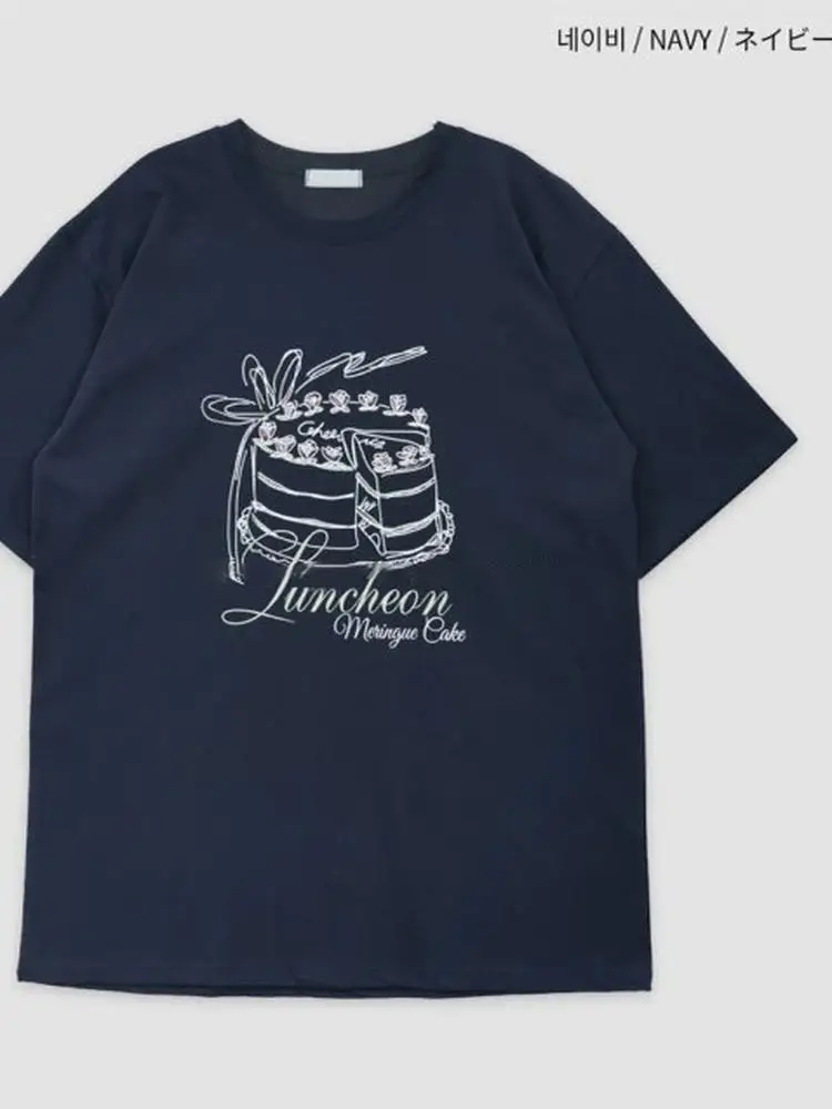 Mignon gâteau sucré imprimé ort Sve T-irt Dongdaemun décontracté polyvalent Fre jeune haut rond Ne coupe ample vêtements d'été