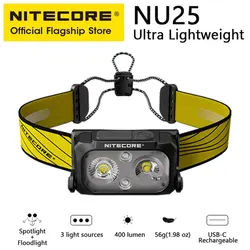 Nitecore-NU25 USB-C Farol recarregável, farol para corrida, trekking e mochilas, bateria embutida, fonte de 3 luzes, original