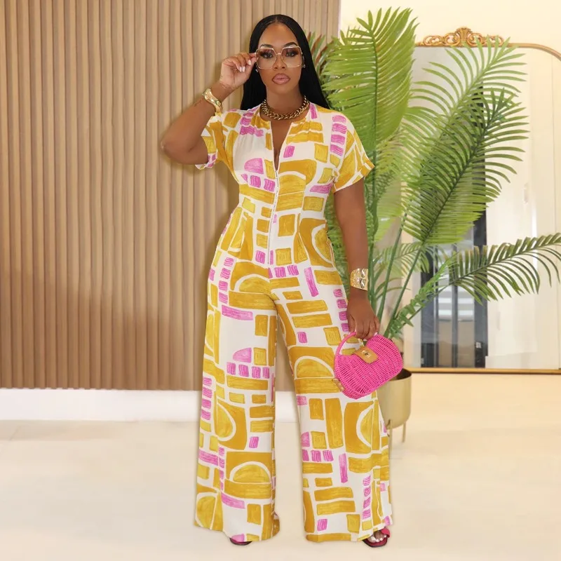 

GUWU Geometric Printed Short Sleeve Wide Leg Jumpsuits 2025 Women Vacation Beach Romper Playsuit One Piece Set Street Outfit
