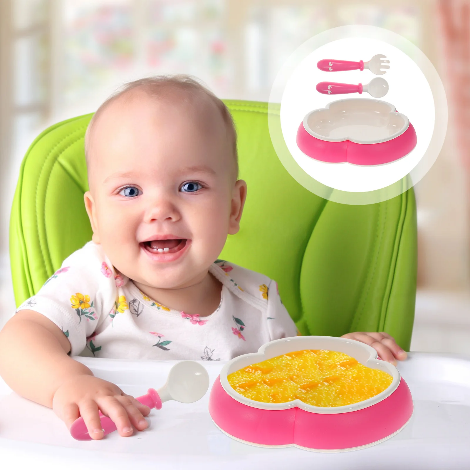 

1Set Baby Tableware Feeding Set Silicone Spoon Fork Suction Cup Bowl Infant Toddler Training Utensils Baby Spoon Fork