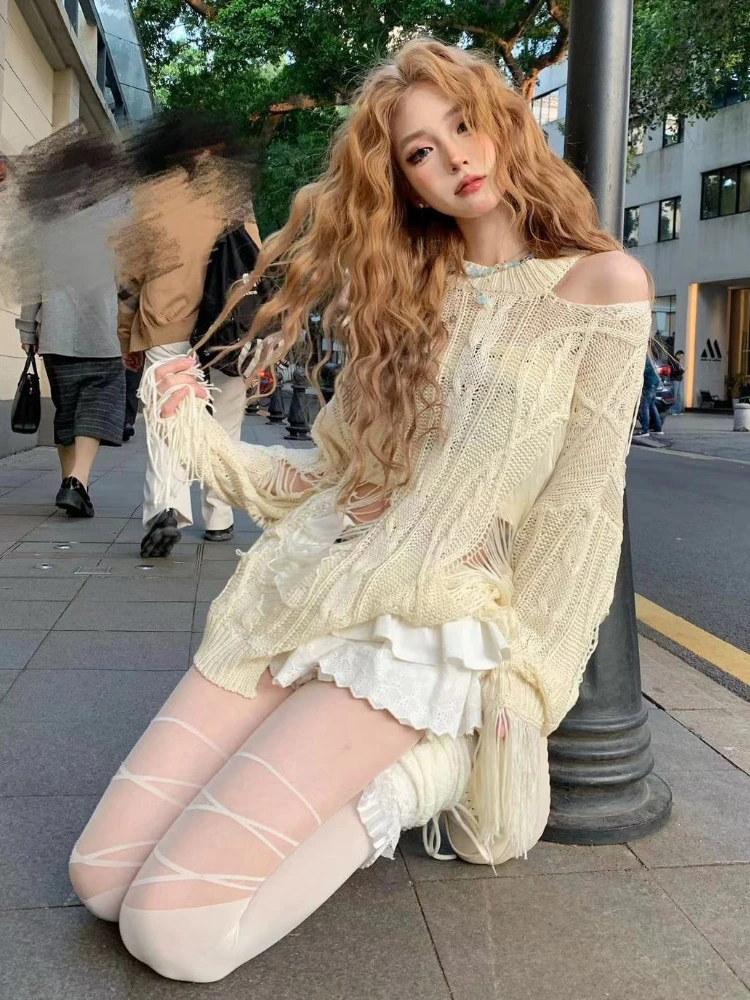 Goth Y2k Streetwear Hollow Out Tassel Women Knit Sweater Harajuku Pullover See-through Kawaii Tops Smock Thin Design Hoodies