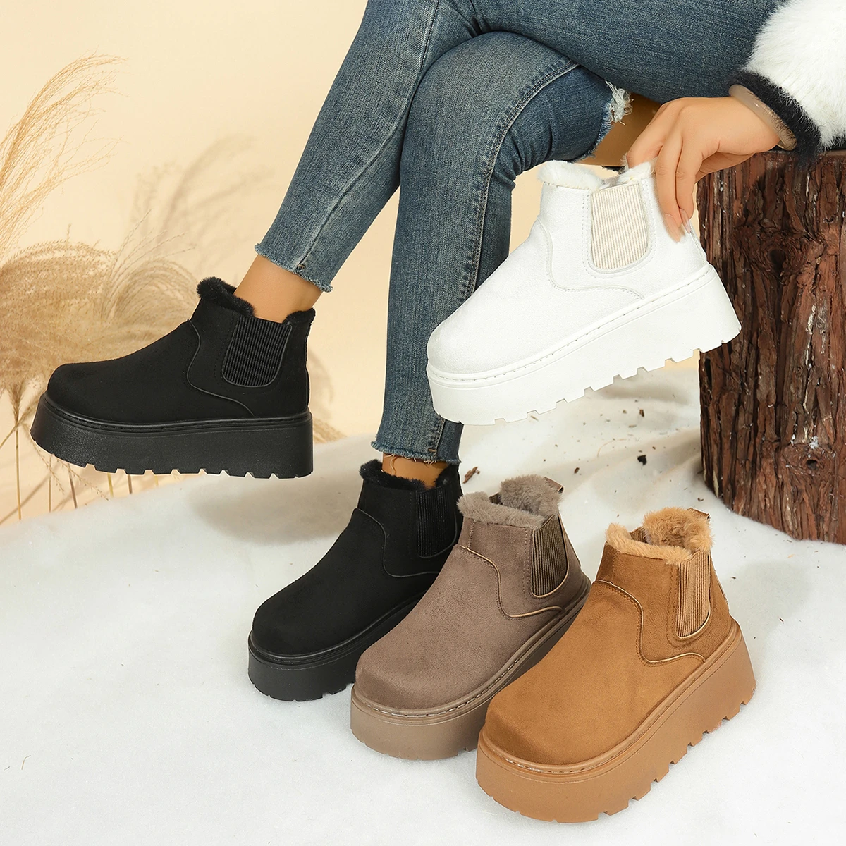 

Women Short Plush Warm Snow Boots Casual Shoes Winter New Suede Fur Chelsea Ankle Boots Comfortable Flats Platform Shoes Women